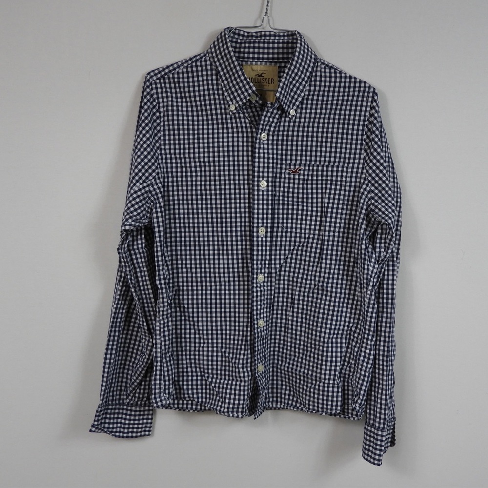 Y164 Hollister Navy White Plaid Button Down